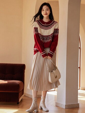 VICTORIA&VERA Höst/vinter Nyankomst Christmas Vibe Diamond Jacquard Kontrastfärg Loose Fit Casual Stickad Tröja, Röd,Långärmad Toppar