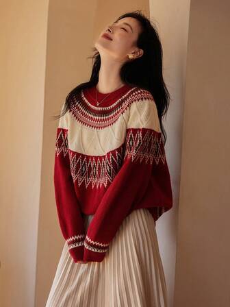VICTORIA&VERA 秋冬新品圣诞气息菱形提花撞色宽松休闲针织毛衣 红色 长袖上衣
