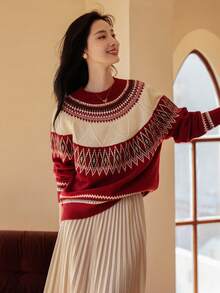 VICTORIA&VERA 秋冬新品圣诞气息菱形提花撞色宽松休闲针织毛衣 红色 长袖上衣 - 紅色 - 查看 4