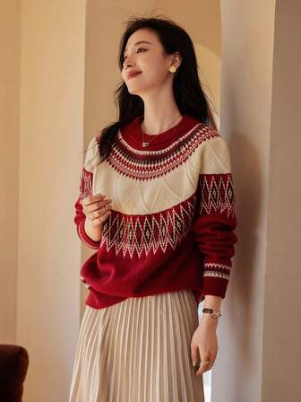 VICTORIA&VERA Höst/vinter Nyankomst Christmas Vibe Diamond Jacquard Kontrastfärg Loose Fit Casual Stickad Tröja, Röd,Långärmad Toppar