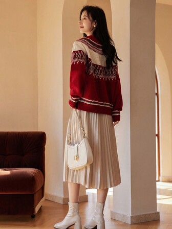 VICTORIA&VERA Höst/vinter Nyankomst Christmas Vibe Diamond Jacquard Kontrastfärg Loose Fit Casual Stickad Tröja, Röd,Långärmad Toppar