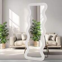 Melodieux Full Length Mirror 63"X 24" Irregular Wavy Full Body Mirror Wall Mounted Floor Mirror With Stand Ivory Flannel Wrapped Wooden Frame Leaning Hanging Wall Mirror For Bedroom Entrance - 矩形大波浪 - 查看 4