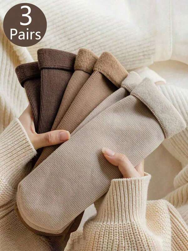 3 Pairs Of Women's Earth Color Snow Socks, Autumn And Winter Vertical Mid-Tube Socks, Fluffy Socks, And Warm Floor Socks With Wool Thickening, Suitable For Everyday Wear And Various Occasions,Random Color