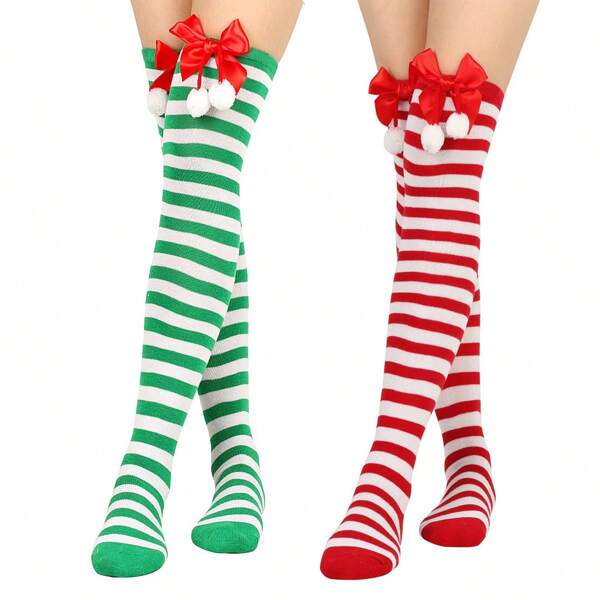 1 Paar Weihnachts-gestreifte Strümpfe, Schmetterlings-Ball Over-Knee Socken, Party-Kostüme, Kniestrümpfe, Overknee-Socken, sind ideale Geschenke für sich selbst, sehr geeignet für Thanksgiving, Weihnachts-Karneval und Geburtstags-Socken 70cm/27,56 Zoll, geeignet für Frauen und Mädchen