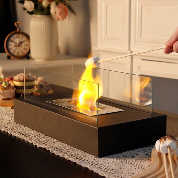 Rechteckiger Bioethanol Tischkamin mit Glas 35 cm Tragbarer Tisch Feuerschale Deko Bio Ethanol Kamin für Patio Innen Außen Outdoor Schlafzimmer Garten Balkon Wohnzimmer Küche