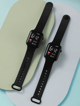 2入組黑色pvc運動方錶盤數字手錶,適用於日常佩戴