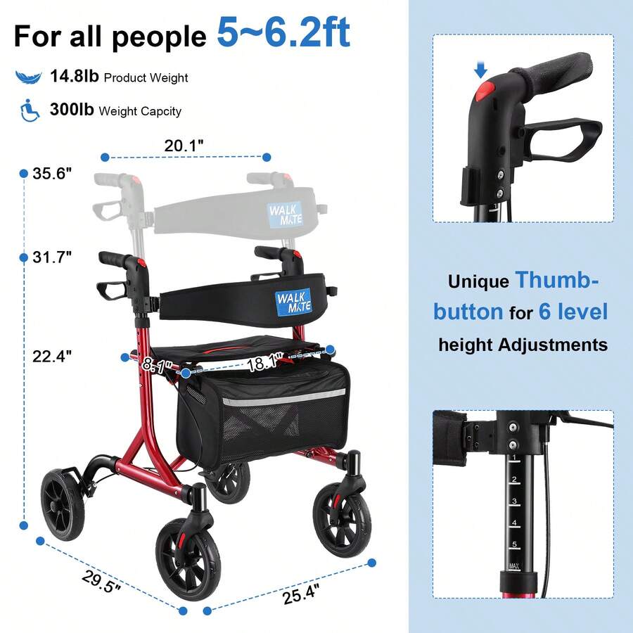WALK MATE Rollator Walker For Seniors Taller 5.37ft With Height