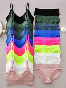 8 conjuntos de lencería simple, sujetador y pantis sin costuras acanalados lisos, lencería y ropa interior para mujer
