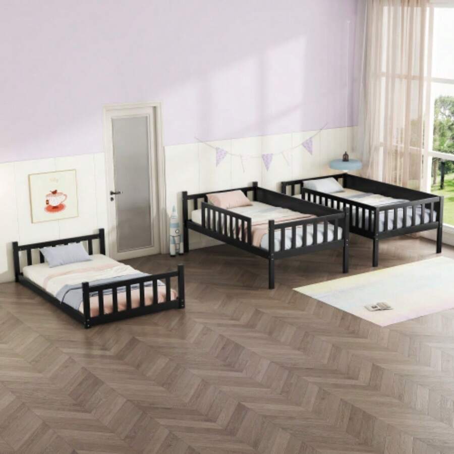 Twin Size Triple Rubber Wood Bunk Bed, With Ladders, Guardrails