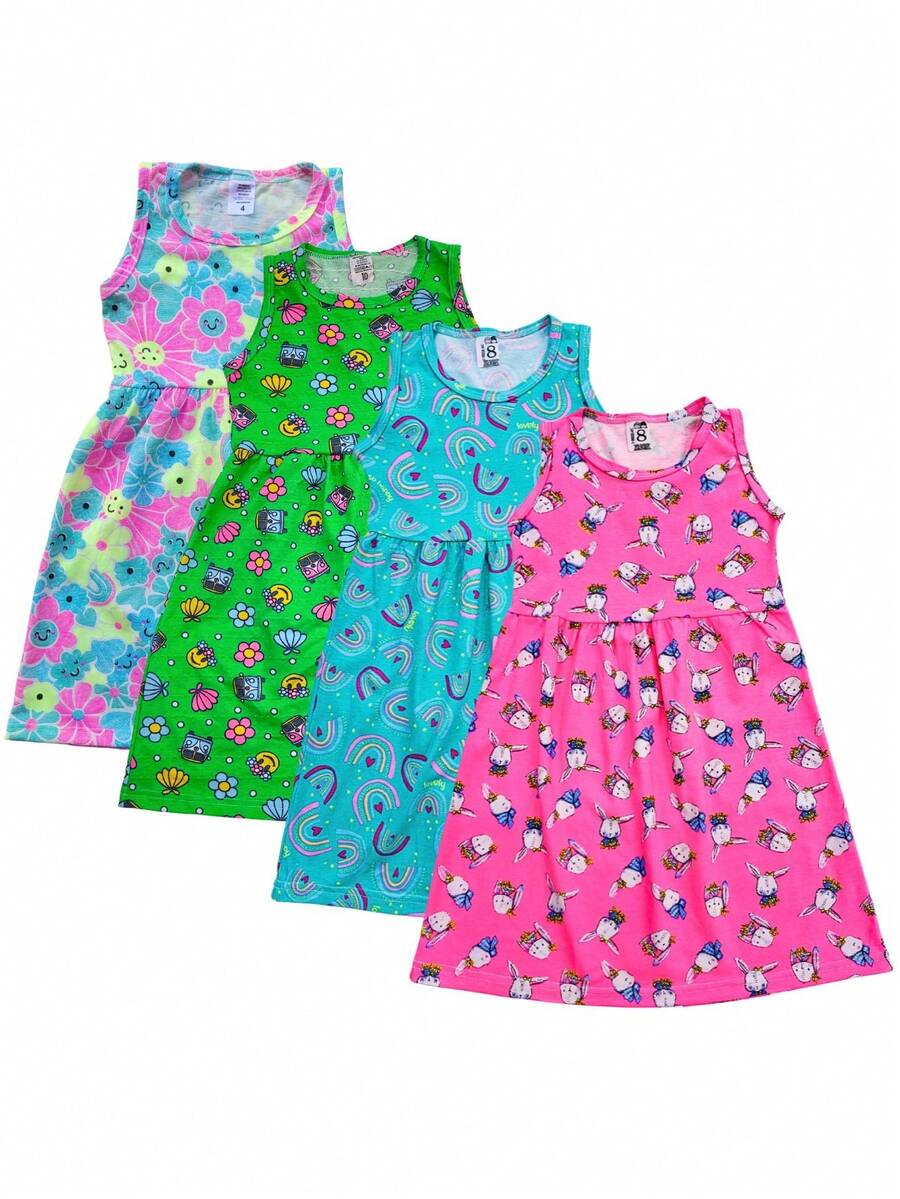Kit With 4 DRESSES For Girls, Flared, Printed, TANK TOP Model - 彩色 - 查看 1
