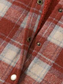 ASVIVID 女士休闲格纹翻盖口袋连帽羊毛夹克，秋冬款 - 紅色 - 查看 8