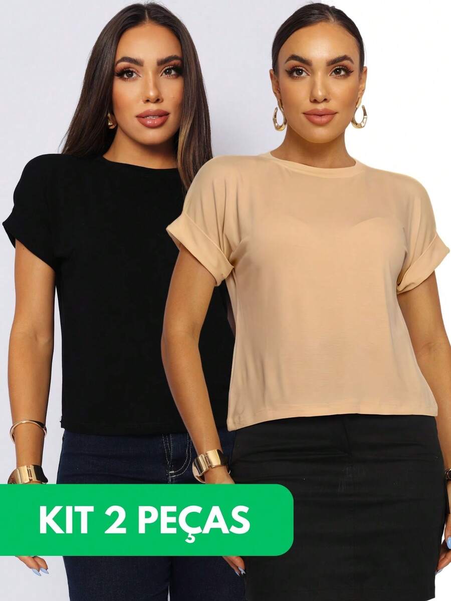 Kit 2 Blouse Japanese Sleeve Plain Tshirt Tank Top Muscle Tee Women's Comfortable Macho Cropped T-Shirt Women's - 黑色/米色 - 查看 1