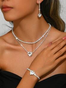 Bộ 3 món/Bộ trang sức vòng cổ trái tim pha lê thời trang sang trọng, hoa tai và vòng tay, phụ kiện thời trang cho cô dâu/tiệc tùng - Bạc - Xem 2