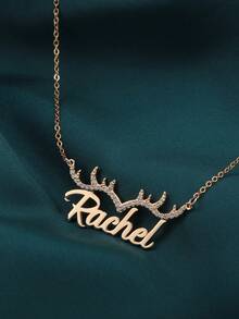 Customized English Initial Name Necklace, Antler Shape Gemstone Inlay Floral Trim Decoration, Personalized Letter Crafted, Customized Accessories, Personalized Jewelry, Gift For Mom, Personalized Christmas Ornament, Birthday Present