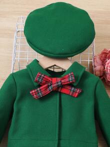 2pcs/Set Young Girl Short Coat + Suspender Skirt Outfit, Comes With Bow Beret Hat, For Autumn/Winter - Green - View 4
