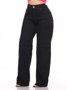 Women's Wide Leg High Waist Jeans Without Lycra - 黑色 - 查看 1