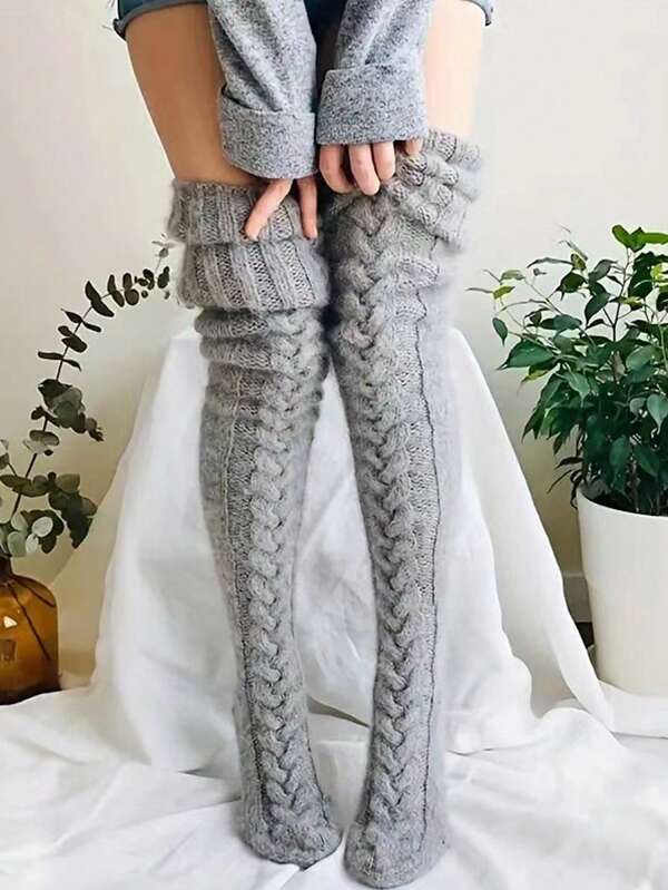 1 Pair Grey Thigh High Socks, Thermal Lined Knee High Stockings For Women, Suitable For Autumn/Winter, Holidays & Parties