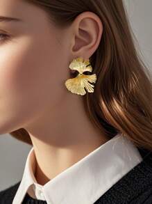1 对金属银杏叶和花耳环，夸张的欧美风格女士珠宝，日常佩戴和派对礼物 - 金色 - 查看 13