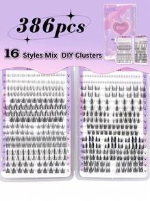 386 件 D 卷睫毛 16 种款式混合装 DIY 簇状单根睫毛延长 上下假睫毛延长 节日使用