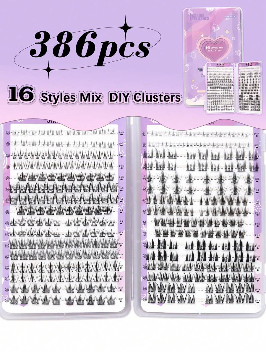 386 件 D 卷睫毛 16 种款式混合装 DIY 簇状单根睫毛延长 上下假睫毛延长 节日使用