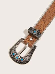 1 件女式卡其色雕刻蓝石 3 件套：装饰 PU 外套、牛仔裤、腰带 - 复古西式时尚服装适合日常使用 - 駝色 - 查看 4