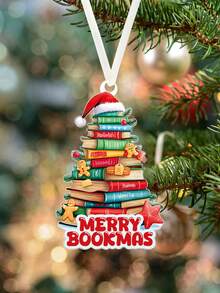 1pc Merry Bookmas Acrylic Hanging Decor - Library Book Pile, Santa Hat, Gingerbread Man, Tree Shape, Window Hanging Decoration, Decoration Gift For Book Lovers