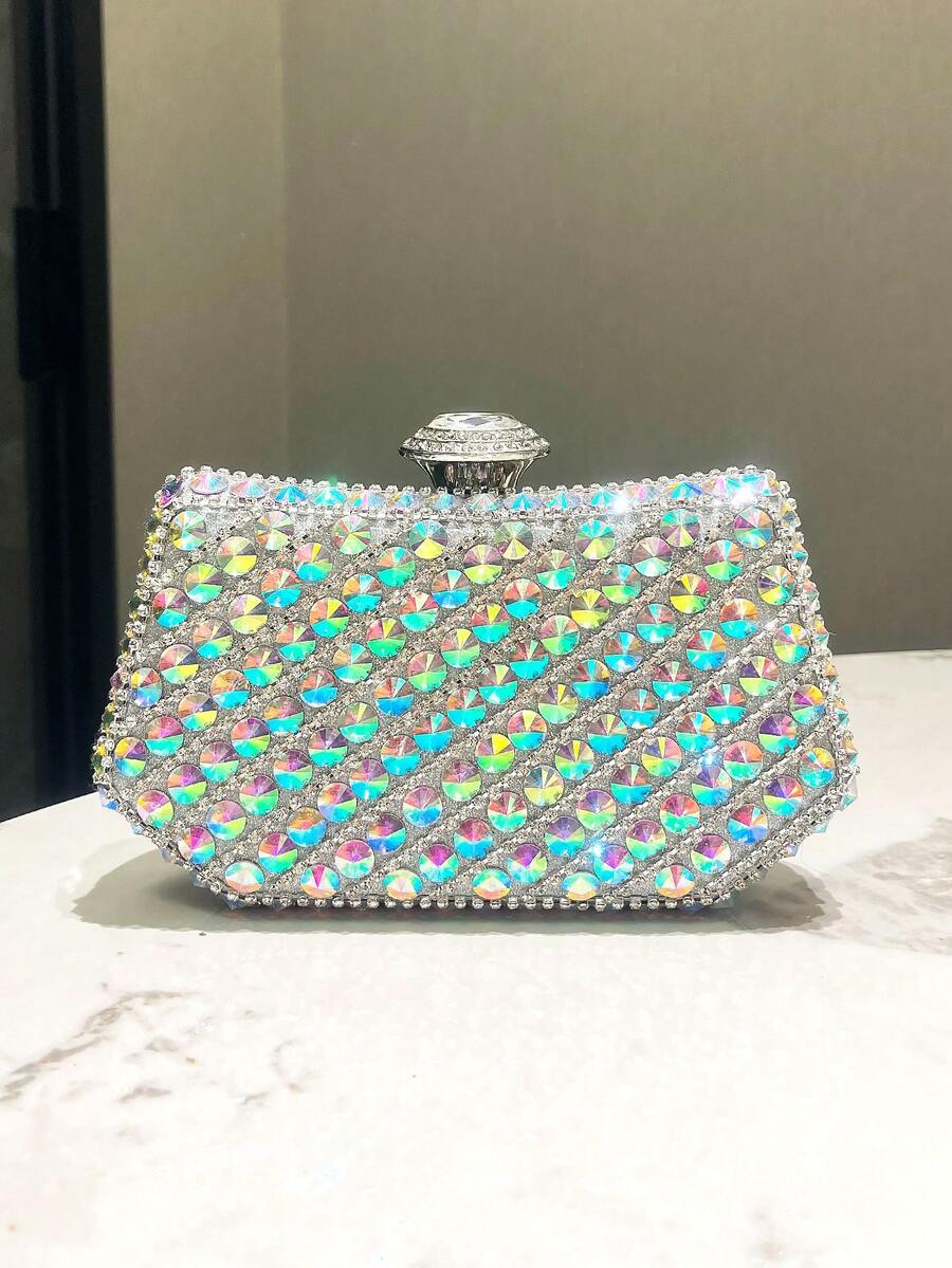 1pc Luxurious Silver Color Rhinestone Decor Glitter Small Clutch Bag