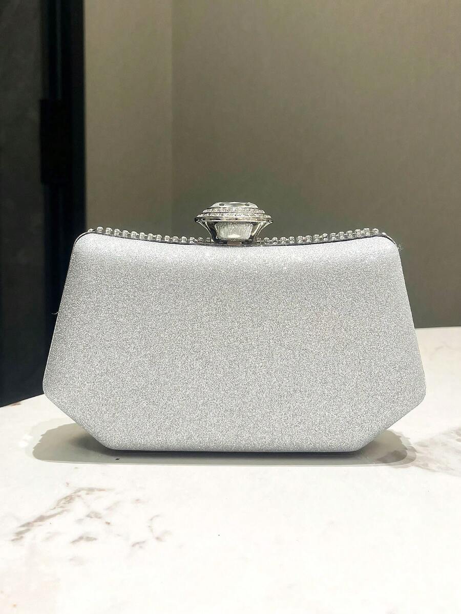 1pc Luxurious Silver Color Rhinestone Decor Glitter Small Clutch Bag