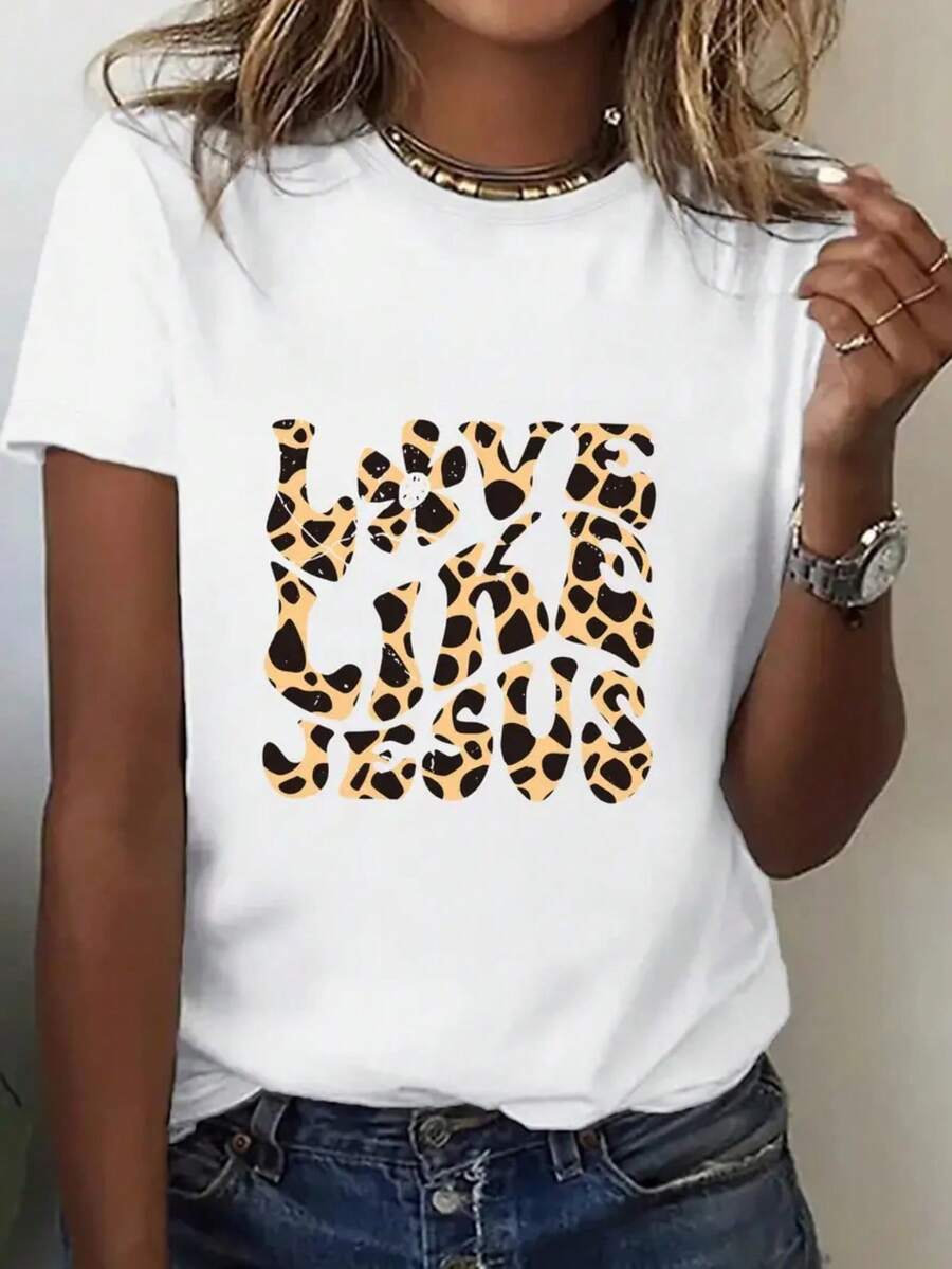 Women's T-Shirt Phrase Love Jesus Leopard 100% Cotton Shirt Round NeckLaunch - 白色 - 查看 1