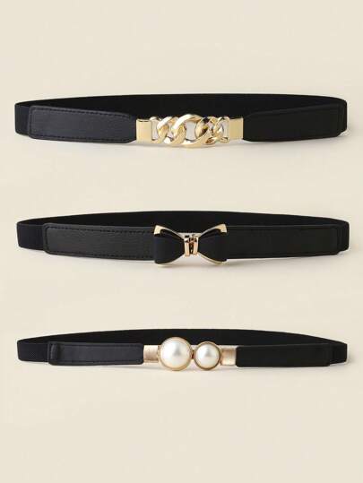 3pcs/Set Women's Minimalist Fashion Elastic Waist Belt, Chain Bow Pearl Elastic Waistband, Suitable For Coat, Dress, Sweater, Jacket, Elegant Alloy Buckle, Applicable For Daily Outfit, Gift