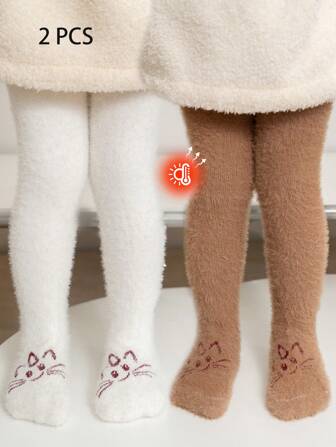 1/2 Pairs Girls/Kids/Toddlers Coral Fleece Leggings/Tights, White, Khaki, Solid Color, Multi-Color, Cartoon Cat Pattern, Footless Tights, Pantyhose, Bodysuits, Suitable For Daily, Minimalist, Versatile, Thin Fleece Dance Pants, Smooth Surface, Soft, Skin-Friendly, Academic, Princess, Cute Style, Suitable For Spring, Autumn, Winter, Daily Outfit, Cute, Elegant, Fashionable, Outdoor Leggings, Back To School, Suitable For Students, Suitable For Girls