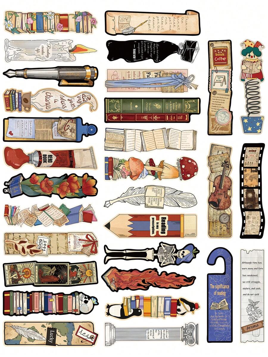 30 PIEZAS Marcador de libros de estilo de lectura con formas raras y divertidas, personalizados con dibujos animados retro, como hongos, plumas, etc. para marcar de manera creativa tus libros.
