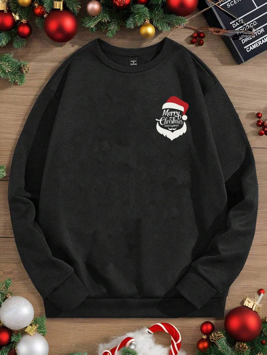 DIFFLAND Spring Men's Casual Daily Soft And Comfortable Round Neck Sweatshirt, Christmas Style Christmas Hat Printing Pattern, Black Round Neck Pullover Long Sleeve Sweatshirt