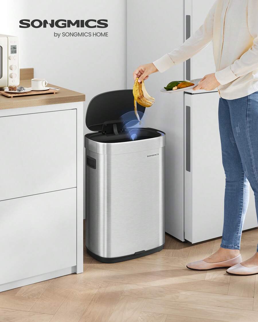 SONGMICS Kitchen Trash Can, 17.2Gallon (65 L) Motion Sensor Garbage Can, Stainless Steel Trash