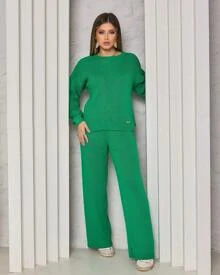 Women's Winter Knit Set Long Comfort Trousers Pantaloons Blouse - 綠色 - 查看 3