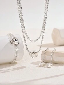 Bộ 3 món/Bộ trang sức vòng cổ trái tim pha lê thời trang sang trọng, hoa tai và vòng tay, phụ kiện thời trang cho cô dâu/tiệc tùng - Bạc - Xem 5