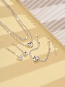 Bộ 3 món/Bộ trang sức vòng cổ trái tim pha lê thời trang sang trọng, hoa tai và vòng tay, phụ kiện thời trang cho cô dâu/tiệc tùng - Bạc - Xem 6