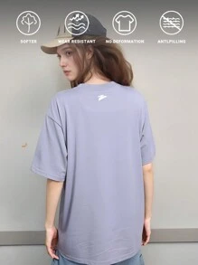 夏季运动UZISER女士纯色简约吸汗透气圆领运动短袖压花印花 - 淺灰紫 - 查看 3