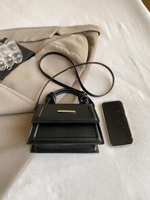 新款秋冬时尚纯色手提包，抽绳复古布艺手提包，折痕图案单肩斜挎翻盖小包，女士多用通勤包 - 黑色 - 查看 6