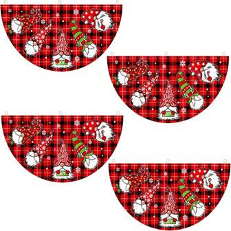 Christmas Winter Hunting Fan Flag 1 (35 X 18 Inch Christmas Buffalo Plaid Flag With Hanging Ring) Outdoor Half Fan Flag (Christmas New Year Garden Decoration /74) (Color: 4 Gnomes)