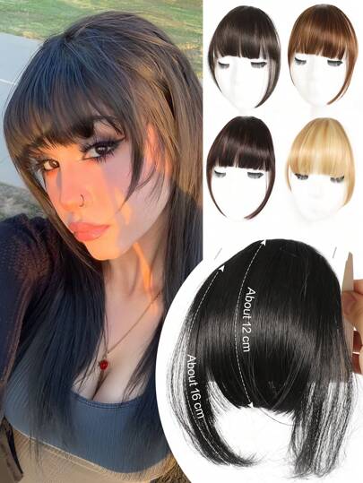 Clip-In Bangs With Sideburns Synthetic Hairpiece, Thickened Straight Fringe Hair Clip, Fake Bangs Hair Extension For Women And Girls, Forehead Hair Patch, Top Hair Accessory