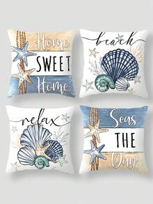 Bộ 4 vỏ gối trang trí họa tiết sao biển và vỏ sò mùa hè phong cách hiện đại, vỏ gối chủ đề ngày lễ đại dương hàng hải cho gia đình, hiên nhà, sân trong, ghế sofa, vải không dệt, không có ruột gối - Nhiều màu - Xem 1