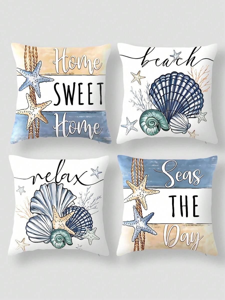 Bộ 4 vỏ gối trang trí họa tiết sao biển và vỏ sò mùa hè phong cách hiện đại, vỏ gối chủ đề ngày lễ đại dương hàng hải cho gia đình, hiên nhà, sân trong, ghế sofa, vải không dệt, không có ruột gối - Nhiều màu - Xem 1