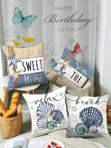 Bộ 4 vỏ gối trang trí họa tiết sao biển và vỏ sò mùa hè phong cách hiện đại, vỏ gối chủ đề ngày lễ đại dương hàng hải cho gia đình, hiên nhà, sân trong, ghế sofa, vải không dệt, không có ruột gối - Nhiều màu - Xem 2