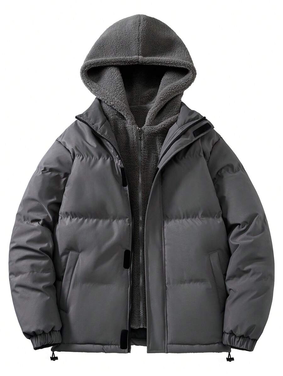 男式加厚连帽绗缝大衣，带保暖内衬，保暖且防风