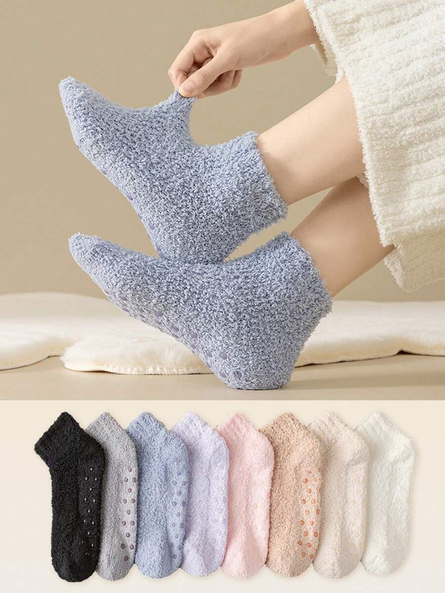 3双/套 女士粉彩色珊瑚绒硅胶防滑中筒袜,保暖柔软,适合居家、派对和ins风穿搭,及踝袜,舒适 - 彩色 - 查看 1