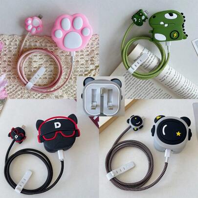 4pcs Cute & Fun UK Designed 20W Fast Charger Accessories Set - Protective Case, Cable Protector Sleeve (Cat Paw/Lightning Dinosaur/Glasses Dog/Astronaut Pattern, Charger Head & Cable Not Included)