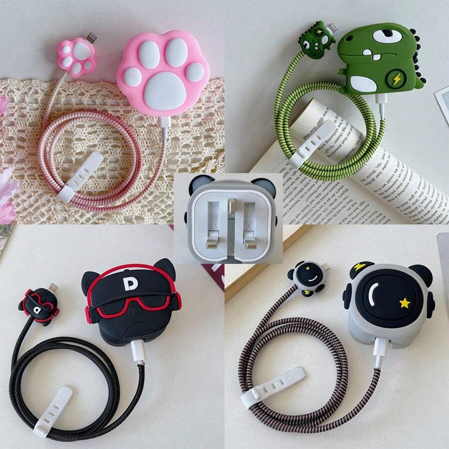 4pcs Cute & Fun UK Designed 20W Fast Charger Accessories Set - Protective Case, Cable Protector Sleeve (Cat Paw/Lightning Dinosaur/Glasses Dog/Astronaut Pattern, Charger Head & Cable Not Included)