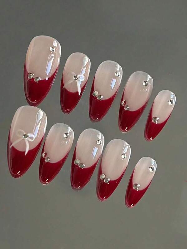 10pcs Handmade French Almond Manicure, Hand-Painted Bow Black Pink Fresh Manicure, Gentle Temperament High Quality French Full Coverage False Nails, Three-Dimensional Pearl Press-On False Nail Style Nail Art, Creative Cartoon Cute False Nails