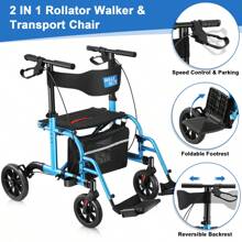 WALK MATE 2 In 1 Rollator Walker Transport Chair For Seniors, 10" Wheels Medical Rollator For Seniors With Widen Seat Backrest, Detachable & Adjustable Footrests Folding Walker Wheelchair Combo - 藍色 - 查看 5